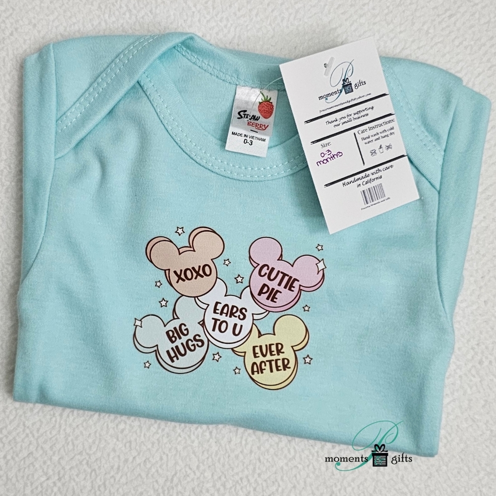 NWT 0-3 month Infant bodysuit with Candy Heart Design, multi-color pink